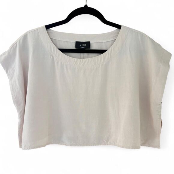 Vivi Cream Scoop Neck Linen Blend Boxy Crop Top size L - Picture 1 of 7